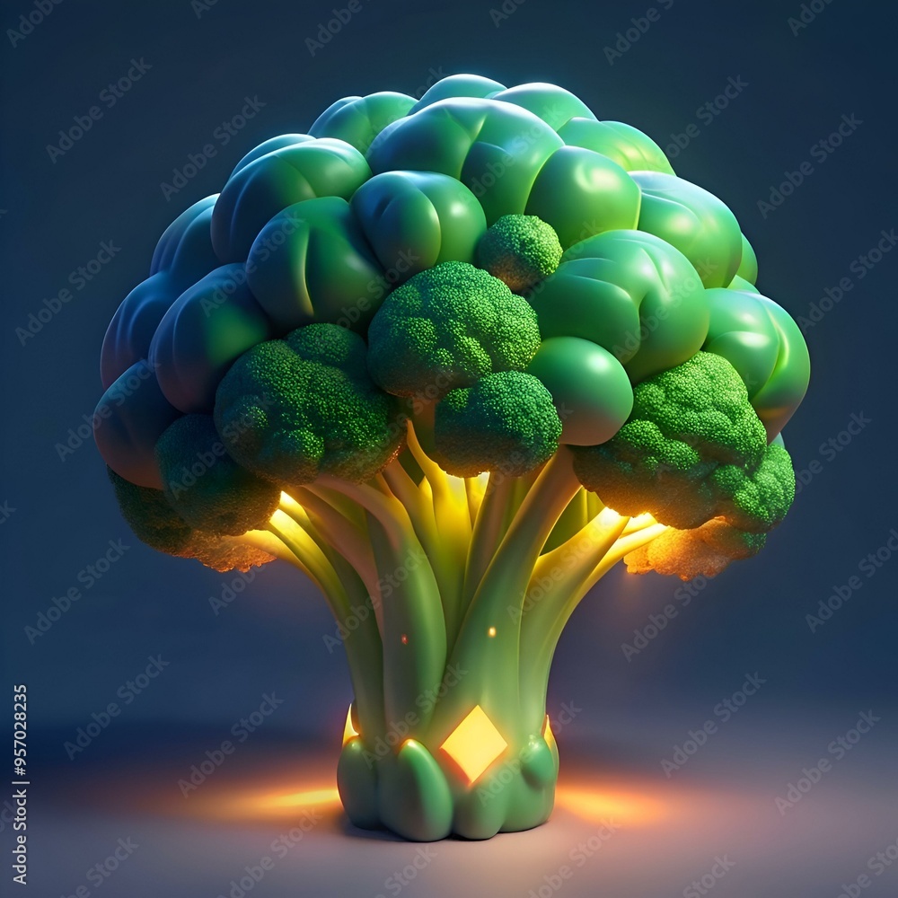 Poster a vibrant 3d illustration of a broccoli. illuminated from within. creating a unique and magical effe
