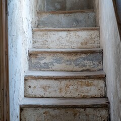 Weathered staircase leading to an upstairs room in an old building