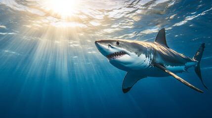 Fototapeta premium Great White Shark Swimming in Sunlight Underwater
