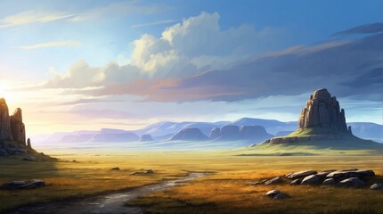 Naklejka premium Cartoon illustration of steppes and mountains