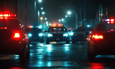 police cars with flashing lights in an emergency scene, at night Generative AI