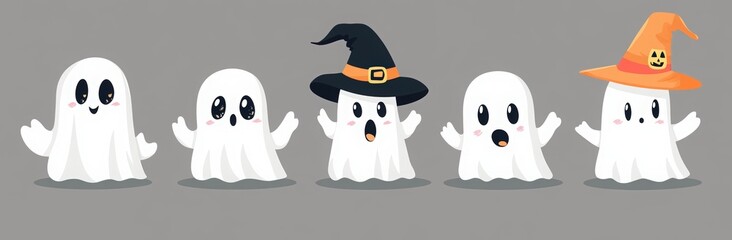 Obraz premium cute cartoon ghosts dressed in different costumes for Halloween, white tattered robes and black hats with stripes on the side, holding signs that say 