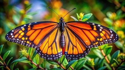 Naklejka premium Delicate wings of a monarch butterfly showcasing intricate veins, shimmering scales, and vibrant orange, black, and white colors in sharp, high-contrast focus.