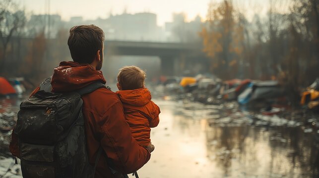 Man with a backpack holding a child, standing by a littered river with city buildings in the background, during a gloomy day.