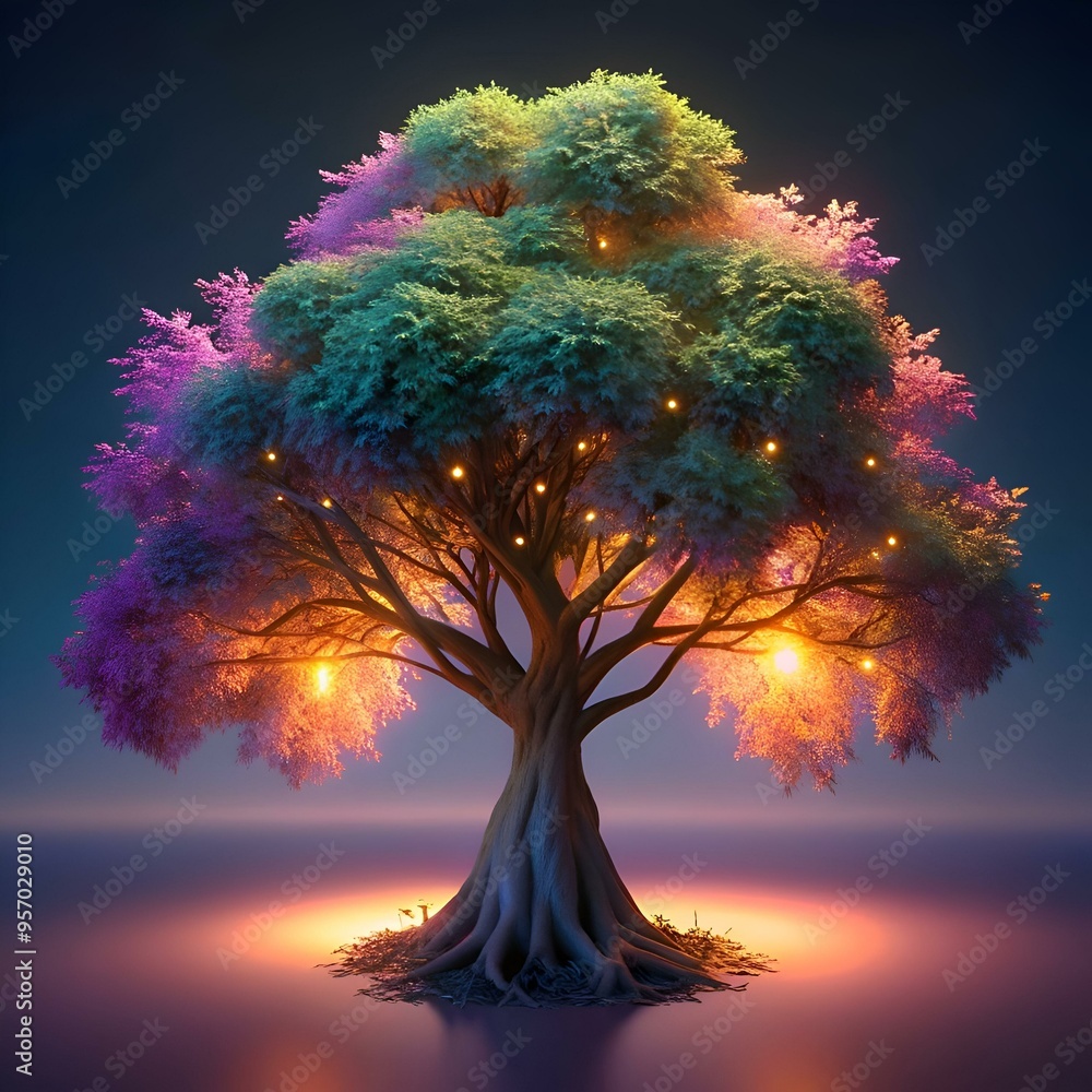 Poster a mystical tree glows with ethereal light. creating a magical ambiance.