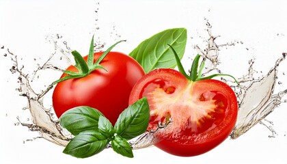 tomato and water splash.vegetable, fresh, red, isolated, healthy, tomatoes, green, basil, salad, 