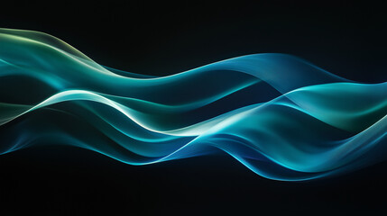 Blue and green light waves smoothly intertwining on a dark background, creating a calming and modern abstract design