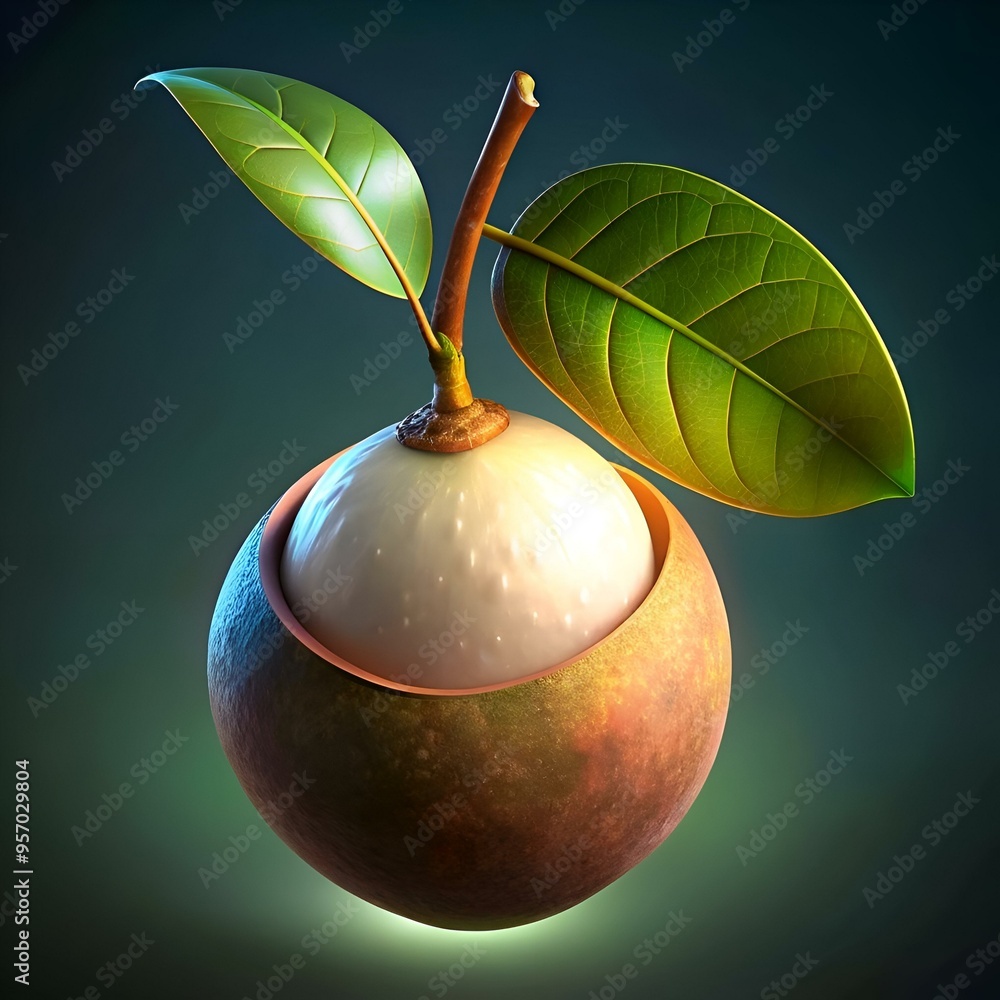 Poster A close up of a single. pristine nut with a smooth. white seed inside and a green leaf sprouting from its top.