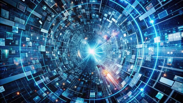 Distorted digital code streams across a fractured screen, fragmented words and garbled symbols merging into a swirling vortex of technological chaos and visual disarray.