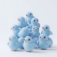 Flock of Adorable Fluffy Blue Birds on Minimalist White Background