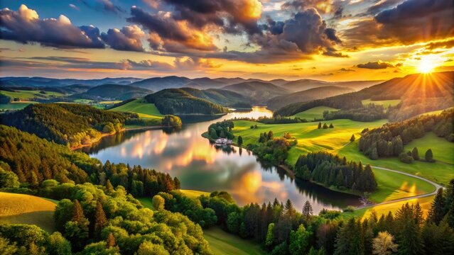 Dramatic golden hour sunset casts a warm glow on majestic rolling hills, serene lake, and lush green forests in breathtaking high-definition landscape scenery.