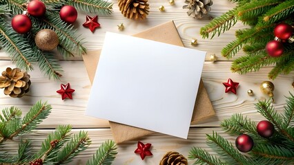 A festive Christmas mockup featuring a blank card on a rustic wood background with holiday ornaments and pine branches.