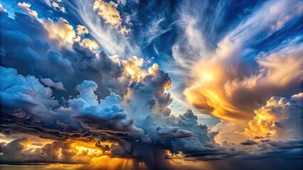 Dramatic stormy clouds fill the sky, with warm sunlight peeking through, creating a breathtaking vertical gradient of blues, grays, and whites.