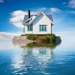 House and bule water.exterior, sky, new, construction, real, cottage, apartment, blue, window