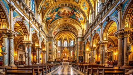 Obraz premium Elaborate golden decorations, ornate marble columns, and stunning stained-glass windows adorn the sprawling interior of a majestic historic cathedral in the heart of Italy.