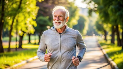Obraz premium Elderly adult with silver hair and bright smile, wearing casual athletic attire, jogging outdoors on a sunny day, exuding joy and freedom.