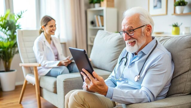 Elderly adult sitting comfortably at home, interacting with a doctor on a tablet screen, with a stethoscope and medical files nearby, representing accessible healthcare.