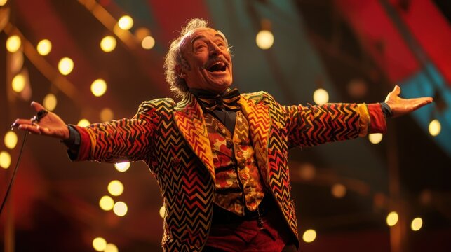 A circus ringmaster wearing a jacket with zigzag patterns, holding a whip and directing the show.