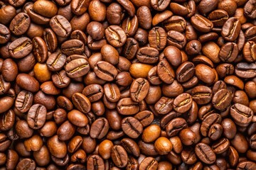 A close-up shot of a group of roasted coffee beans, showcasing their rich brown color and textured surface.