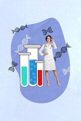 Creative abstract template graphics collage image of smart clever doctor doing tests isolated...