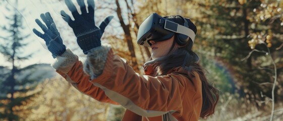 Fototapeta premium A person wearing a virtual reality headset, engaging with the digital world amidst an autumnal outdoor setting with yellow leaves.