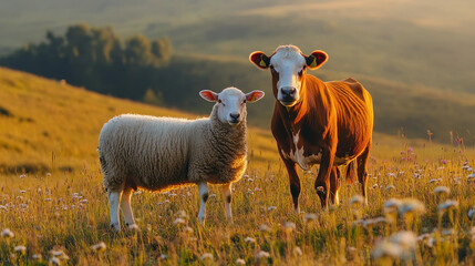 Obraz premium Cow and Sheep Grazing in a Lush Green Field
