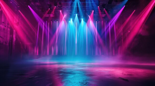 Dazzling stage lighting with vibrant neon beams and color spectrum illuminating a lively live music performance on a captivating festival stage