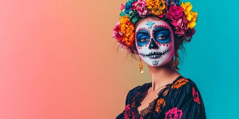 Fototapeta premium Girl dressed for Day of the Dead celebration with vibrant face paint and floral decorations