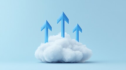 Upward Bound: Three Blue Arrows Soaring through Clouds of Success on Light Blue Sky Background