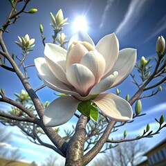 A stunning 3D illustration of a delicate white magnolia blossom bathed in warm sunlight.