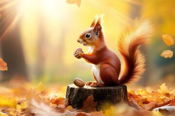 Blurry yellow and brown background with a cute red squirrel snuggled up on a tree stump covered in colorful leaves eating seeds in a deep forest. Sunny autumn day.