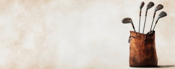 A vintage leather golf bag with clubs, perfect for showcasing sports themes, outdoor activities, and golfing lifestyle.