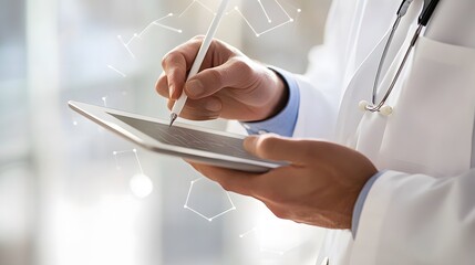 Taking Notes on Tablet: Doctor's hands taking notes on a digital tablet, stylus in hand.
