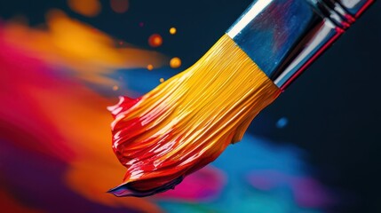 Fototapeta premium Macro shot of a paintbrush dipping into vibrant colors, Labor Day creativity, relaxation, artistic expression