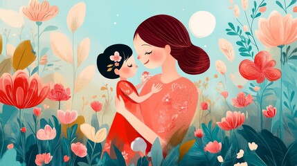 A mother lovingly holds her daughter in a field of flowers, the moon shining in the sky above.