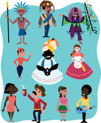 Povo Brasileiro. Representação de grupos étnicos e culturais. Maracatu, Samba, lambada, sertanejo, indígena, imigrante, quilombola, gaúcho, baiana, caucasiano, negro e miscigenado.