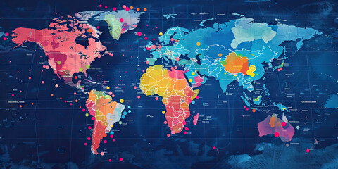 A map of the world with key economic indicators marked by color-coded dots, demonstrating the global reach of a multinational corporation.