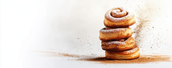 Delicious cinnamon roll stacked high, coated with sugar and cinnamon, perfect for dessert, breakfast, or any sweet craving.