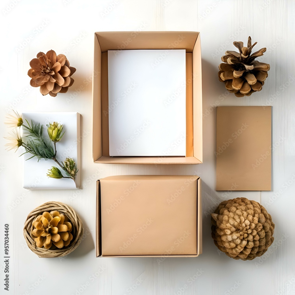Poster a flat lay mockup featuring three different sizes of brown cardboard boxes with a white card inside 