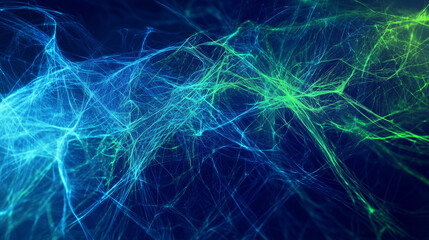 Abstract blue and green light strands interwoven on a dark background, creating a dynamic and vibrant visual effect