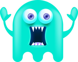 Funny very cute smiling cyan ghost monster isolated on white background. Comic Funky blue Ghost cartoon character and cute emoji. Halloween spirit element.