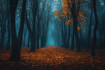 Obraz premium A dark fog-filled autumn forest. A path among the high trees in the fading woodland.