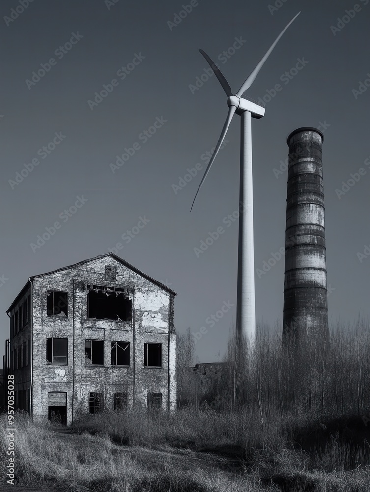 Poster wind turbines stand tall next to derelict factories, symbolizing the transition from coal mining to 