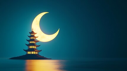 Obraz premium Serene Eastern Nightscape - Detailed 3D Render of Crescent Moon and Pagoda on Blue Background with Soft Lighting, Close-Up Shot