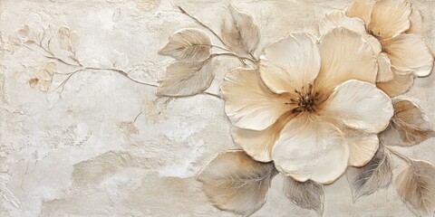 White wall with beige 3D flower and leaves.