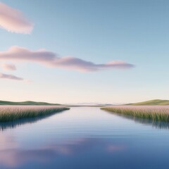 Fototapeta premium Tranquil landscape with a serene lake, surrounded by lush green fields and a clear blue sky.