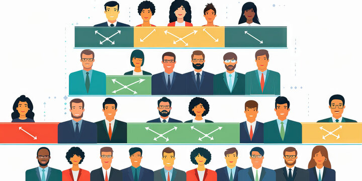 A color-coded organizational chart showing the hierarchy of a large corporation, with each executive's box a distinct color.