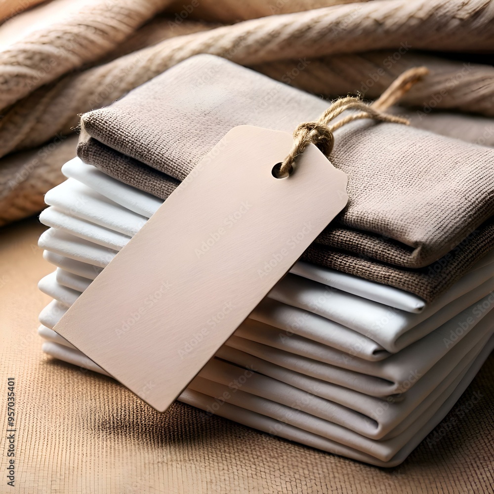 Poster a blank. brown paper tag tied with twine rests on a stack of folded fabric. perfect for adding your 