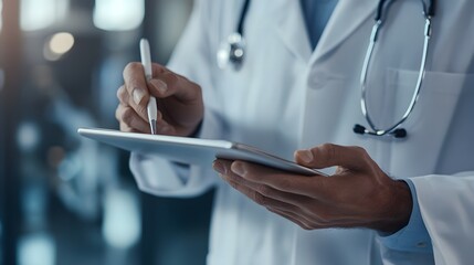 Taking Notes on Tablet: Doctor's hands taking notes on a digital tablet, stylus in hand.
