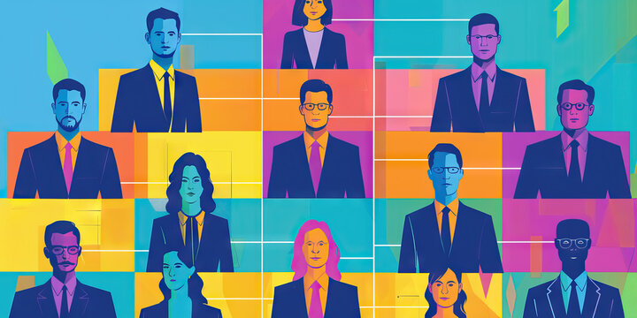 A color-coded organizational chart showing the hierarchy of a large corporation, with each executive's box a distinct color. - Powered by Adobe